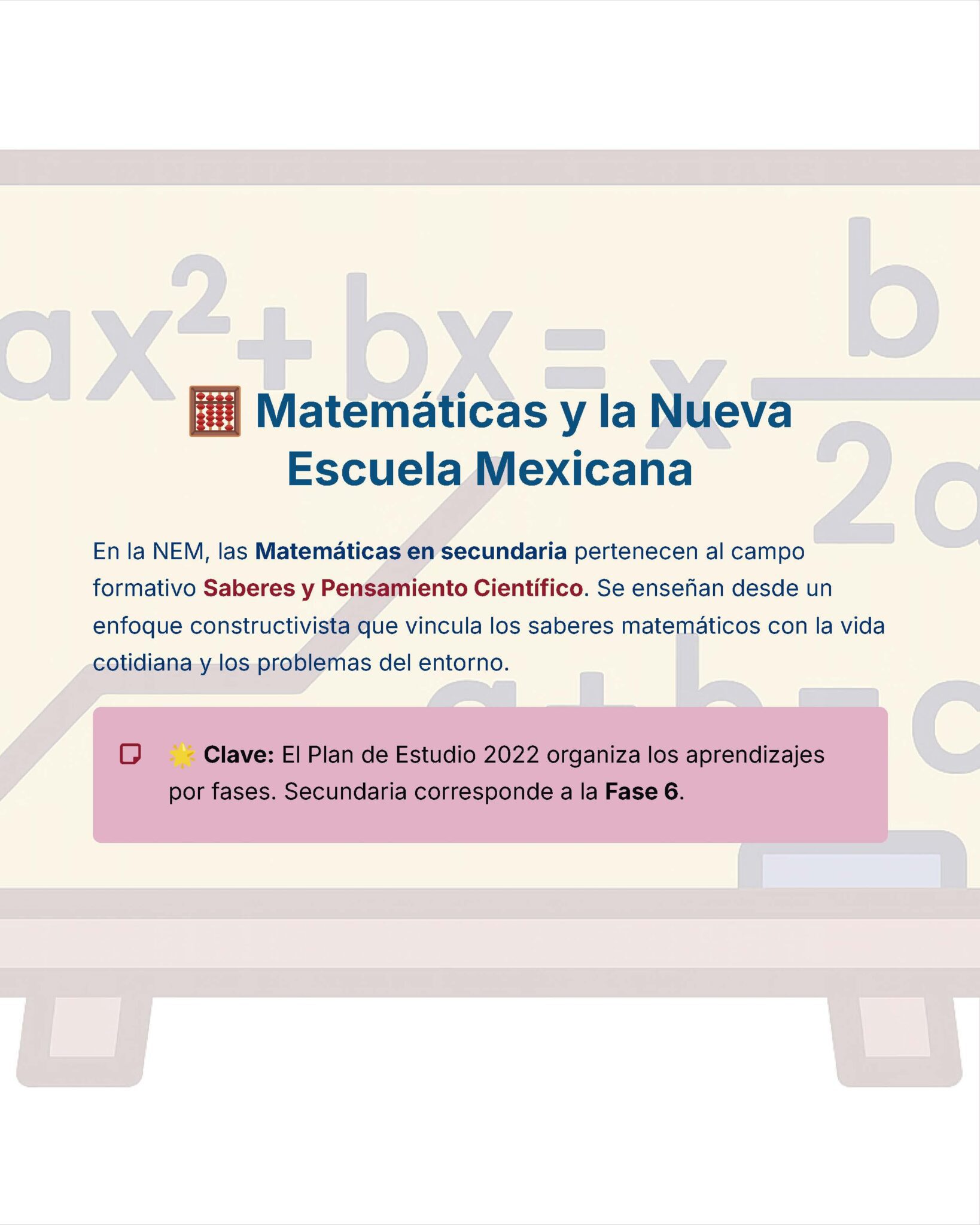 Guía de Estudio Admisión MATEMÁTICAS Educación Secundaria- USICAMM 2026 - 2027 + (Simulador 90 Reactivos) 8 Un gráfico digital titulado "Matemáticas y la Nueva Escuela Mexicana" explica que las matemáticas de secundaria pertenecen al campo "Saberes y Pensamiento Científico" y destaca la fase 6 para secundaria en el plan de estudios 2022.