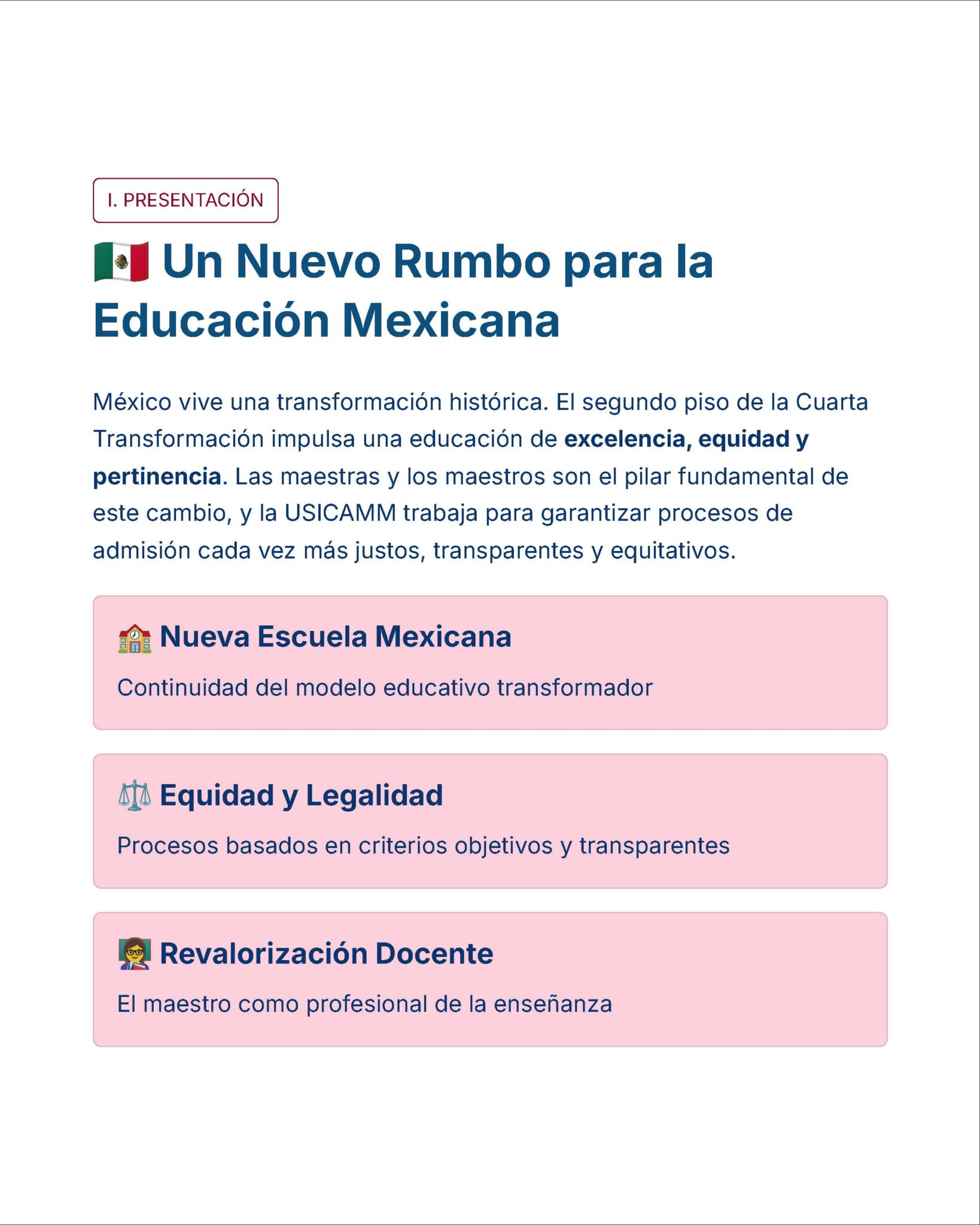 Guía de Estudio Admisión Español Educación Secundaria- USICAMM 2026 - 2027 + (Simulador 90 Reactivos) 6 Una diapositiva de presentación titulada "Un Nuevo Rumbo para la Educación Mexicana" con un texto que destaca la excelencia, la equidad y la justicia en la educación. Se enumeran tres puntos clave: Nueva Escuela Mexicana, Equidad y Legalidad, y Revalorización Docente.