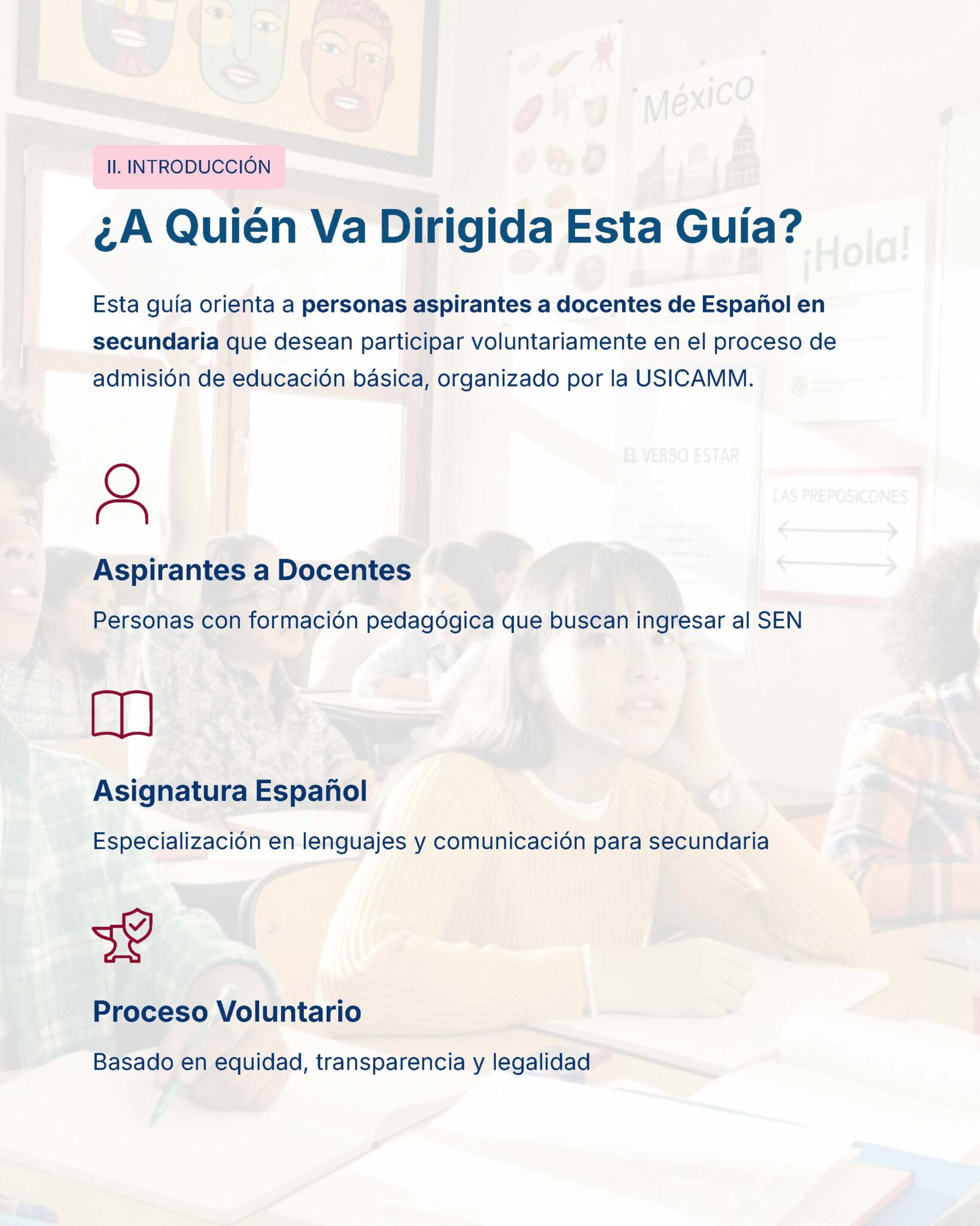 Guía de Estudio Admisión Español Educación Secundaria- USICAMM 2026 - 2027 + (Simulador 90 Reactivos) 5 Infografía en español titulada "¿A Quién Va Dirigida Esta Guía?" en la que se explica que la guía está dirigida a los aspirantes a profesores de español de educación secundaria, con iconos y secciones para "Aspirantes a Docentes", "Asignatura Español", y "Proceso Voluntario.
