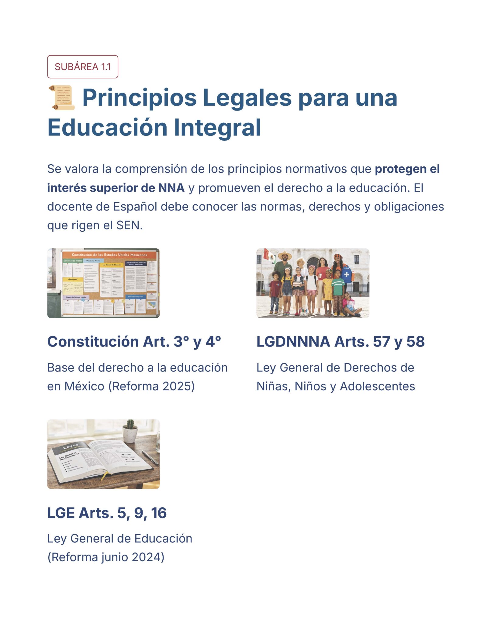 Guía de Estudio Admisión Español Educación Secundaria- USICAMM 2026 - 2027 + (Simulador 90 Reactivos) 11 Diapositiva titulada "Principios Legales para una Educación Integral" con tres secciones que hacen referencia a artículos legales sobre la educación en México, cada una con una imagen relacionada: aula, niños y libros.