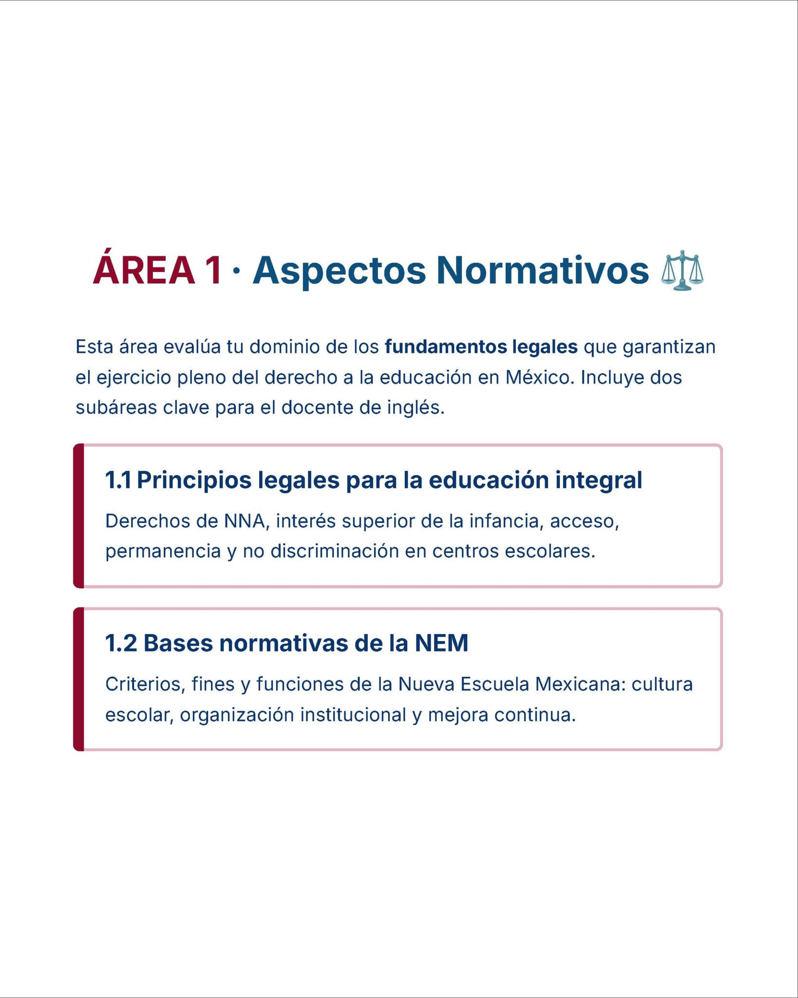 Guía de Estudio Admisión INGLÉS Educación Secundaria- USICAMM 2026 - 2027 + (Simulador 90 Reactivos) 3 La infografía en español titulada "Área 1: Aspectos Normativos" esboza los marcos jurídicos de la educación en México, destacando los principios de los derechos de los niños a la educación y las normas clave del modelo de la Nueva Escuela Mexicana.