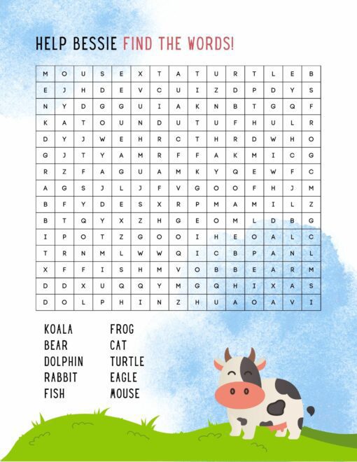 Sopa de palabras con una lista de animales para encontrar: koala, oso, delfín, conejo, pez, rana, gato, tortuga, águila y ratón. El título del rompecabezas es "¡Ayuda a Bessie a encontrar las palabras!" con una vaca de dibujos animados (Bessie) parada sobre hierba verde contra un fondo de cielo azul. Descubre nuestras divertidas 2 Sopas de letras de Animales - ¡Ayuda a Bessie a encontrar las palabras!