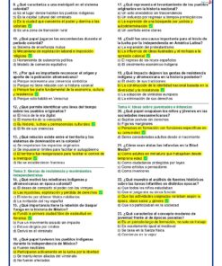 Una guía de estudio en español a todo color presenta preguntas de opción múltiple numeradas del 9 al 18, con respuestas y términos clave resaltados en amarillo y verde sobre fondo azul. La guía se centra en el colonialismo y temas sociales.