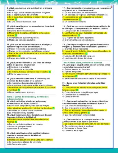 Una guía de estudio en español a todo color presenta preguntas de opción múltiple numeradas del 9 al 18, con respuestas y términos clave resaltados en amarillo y verde sobre fondo azul. La guía se centra en el colonialismo y temas sociales.