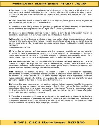 Un documento en español titulado "Programa Analítico Anual HISTORIA 3 Secundaria 3º (Ciclo Escolar 2023 – 2024)". Incluye secciones numeradas que detallan objetivos y valores, y analizan la identidad personal, la diversidad, la igualdad y los derechos humanos. El texto está resaltado en amarillo.