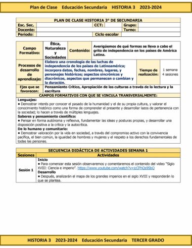 Un plan de lección detallado para el Programa Analítico Anual HISTORIA 3 Secundaria 3º (Ciclo Escolar 2023 – 2024) en la clase de tercer grado de secundaria durante el Ciclo Escolar 2023 – 2024. Incluye objetivos, estrategias de enseñanza y un cronograma para cubrir los movimientos independentistas en América. Países americanos. El plan abarca una semana y cuatro sesiones.