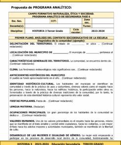Análisis del Programa Analítico Anual HISTORIA 3 Secundaria 3º (Ciclo Escolar 2023 – 2024) para educación secundaria en el Ciclo Escolar 2023 - 2024. Incluye información sobre diagnóstico de la comunidad, delimitación del territorio, y características generales del territorio. Botones de uso interno.
