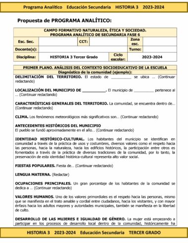 Análisis del Programa Analítico Anual HISTORIA 3 Secundaria 3º (Ciclo Escolar 2023 – 2024) para educación secundaria en el Ciclo Escolar 2023 - 2024. Incluye información sobre diagnóstico de la comunidad, delimitación del territorio, y características generales del territorio. Botones de uso interno.