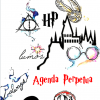 Un colorido collage temático de Agenda Perpetua Harry Potter 2 que presenta símbolos como las Reliquias de la Muerte, la silueta de Hogwarts, una snitch dorada, las gafas de Harry y varios hechizos como "Lumos" y "Siempre".