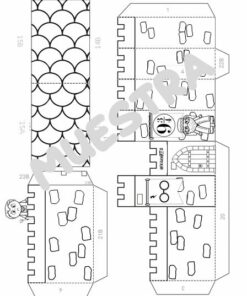 Una plantilla de modelo en papel para un castillo, que presenta un techo y cuatro paredes con diseños de ladrillos. Una pared tiene un puente levadizo y un personaje parado cerca de él. Otra pared tiene dos personajes mirando a través de las ventanas. Recorta y colorea el diseño, con la palabra 