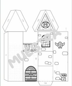 Una plantilla de manualidades de papel plegable en blanco y negro que representa un castillo con dos torres, una pared de ladrillos dibujada, una puerta de madera y pequeñas ilustraciones de un búho con las alas extendidas y un perro. La palabra 