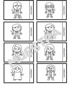 Ilustración en blanco y negro de ocho personajes, cada uno con características distintas, dentro de marcos rectangulares individuales. Cada personaje sostiene una pequeña estrella, con una etiqueta vertical en el lado derecho que dice 