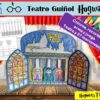 Una ilustración para un teatro de marionetas DIY del Teatro Guiñol Hogwarts. Muestra personajes de marionetas coloreados y recortados en un escenario con decoración de Hogwarts. El texto dice "Colorear, recortar, montar y tocar: Teatro y 27 títeres" en español. Las instrucciones se muestran a la izquierda.