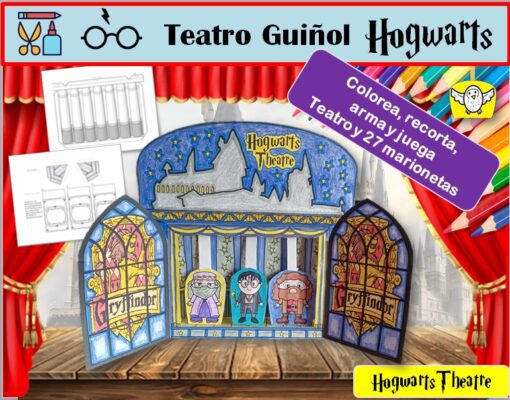 Una ilustración para un teatro de marionetas DIY del Teatro Guiñol Hogwarts. Muestra personajes de marionetas coloreados y recortados en un escenario con decoración de Hogwarts. El texto dice "Colorear, recortar, montar y tocar: Teatro y 27 títeres" en español. Las instrucciones se muestran a la izquierda.