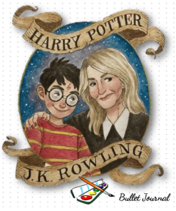 Ilustración de Harry Potter y J.K. Rowling representada dentro de un marco caprichoso sobre un fondo texturizado, con un cartel de texto que dice "Harry Potter" y elementos decorativos adicionales que incluyen un libro titulado "Agenda Perpetua y Diario Bullet Journal Harry Potter".