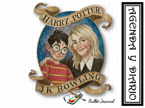Ilustración de Harry Potter y J.K. Rowling representada dentro de un marco caprichoso sobre un fondo texturizado, con un cartel de texto que dice "Harry Potter" y elementos decorativos adicionales que incluyen un libro titulado "Agenda Perpetua y Diario Bullet Journal Harry Potter".