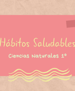 Imagen decorativa con el texto "Hábitos Saludables, Ciencias Naturales 1º". El fondo incluye colores pastel e ilustraciones sencillas de hojas y una flor, fomentando hábitos saludables 1º. Hay líneas onduladas y un pequeño emblema en la esquina inferior derecha que dice "PROTEGIENDO, Angie Descalzi".