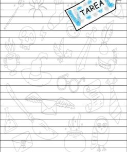 Boceto de papel rayado con varios garabatos, que incluyen una calavera, una araña, una botella de poción, una pluma, un sombrero de mago, vasos, un caldero, una espada y un búho. Una etiqueta en la esquina superior derecha dice 