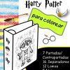 Un colorido anuncio en español de Decora tu Carpeta de Tareas o Notas HARRY POTTER. Incluye una imagen de una carpeta de tareas en blanco y negro con dibujos de Harry Potter para colorear, rodeados de texto que describe el contenido: 7 portadas, 16 divisores, 12 lomos y 5 notas.