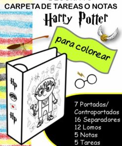 Un colorido anuncio en español de Decora tu Carpeta de Tareas o Notas HARRY POTTER. Incluye una imagen de una carpeta de tareas en blanco y negro con dibujos de Harry Potter para colorear, rodeados de texto que describe el contenido: 7 portadas, 16 divisores, 12 lomos y 5 notas.