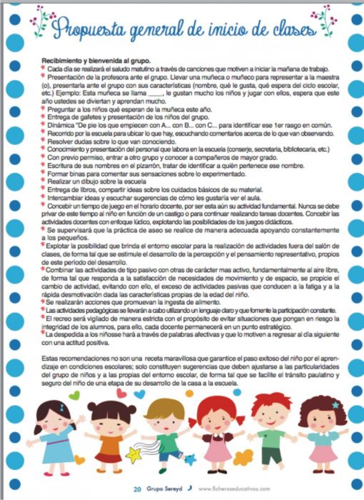 Un documento colorido titulado "propuesta grupo general de inicio de ciclos" que presenta texto, viñetas e ilustraciones decorativas de estudiantes y profesores en la parte inferior.