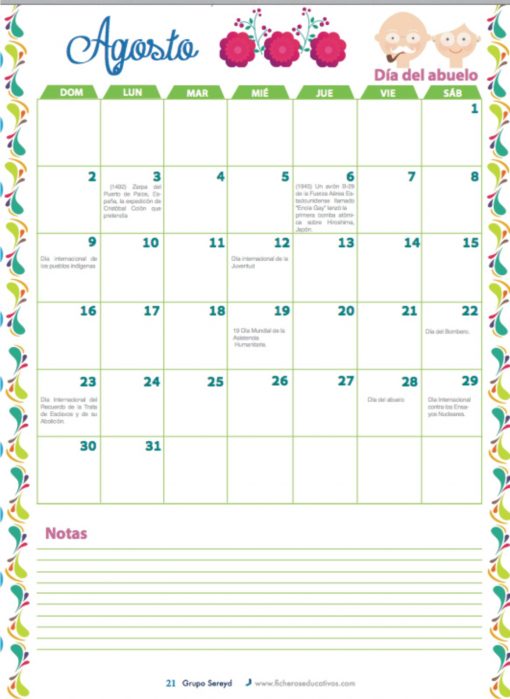 Un colorido calendario para agosto con nombres de días en español, destacando eventos como el "día del abuelo". los bordes están decorados con motivos de frutas y hojas.