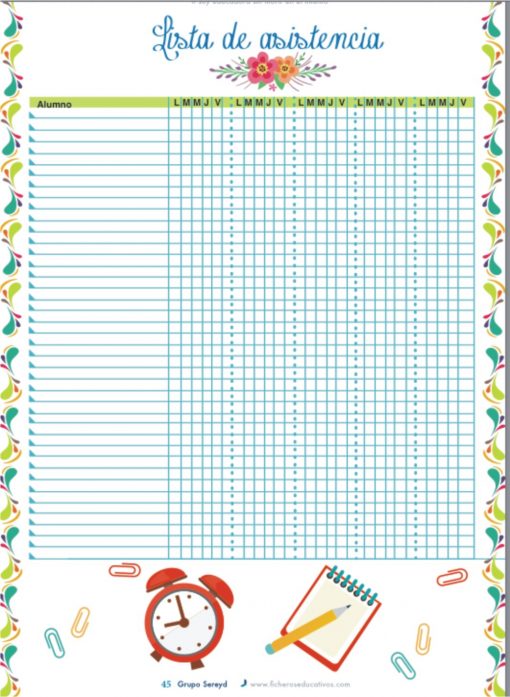 Una plantilla de lista de asistencia titulada "lista de asistencia" con filas para los nombres de los estudiantes y columnas para las fechas. el borde está decorado con gráficos florales y de temática escolar que incluyen un reloj y lápices.