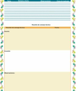 Una imagen de una plantilla de lista de tareas y trabajo en español, con secciones para tareas, fechas, observaciones y firmas con bordes decorativos alrededor de cada cuadro de texto.