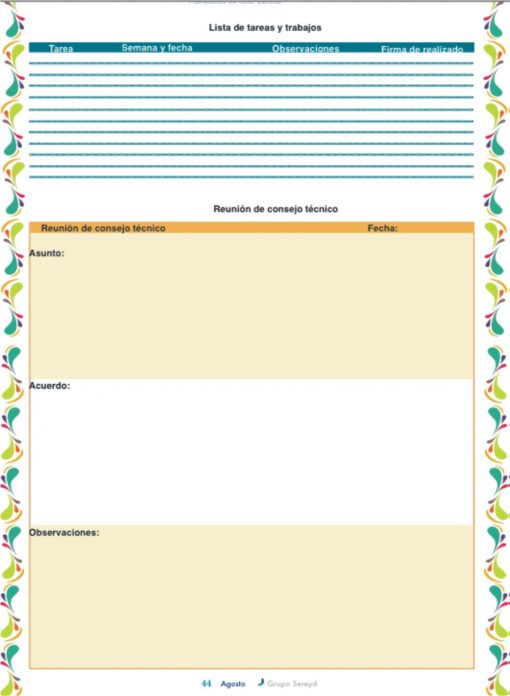 Una imagen de una plantilla de lista de tareas y trabajo en español, con secciones para tareas, fechas, observaciones y firmas con bordes decorativos alrededor de cada cuadro de texto.