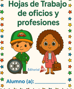 La portada de "Hojas de Trabajo de Oficio y Profesiones" muestra a un niño mecánico con un neumático y a una niña empresaria con un maletín, rodeados de estrellas de colores: ideal para aprender sobre las distintas profesiones.
