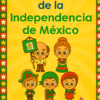 Hojas de Trabajo de la Independencia de México: una vibrante portada con cinco niños ataviados con trajes tradicionales, uno de ellos ondeando una bandera, y una festiva orla de estrellas, ¡ideal para celebrar el Día de la Independencia de México!.