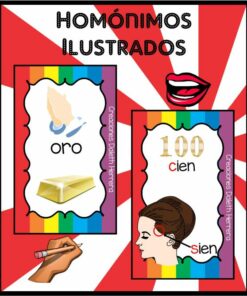 Cartel ilustrado titulado "Palabras Homofonas y Homografas ilustrados" que muestra ejemplos de homónimos en español: "oro" con imágenes de oro y un gesto de oración, y "cien" con