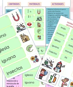 Una colección de materiales educativos de Planeación para Trabajar la Lectoescritura (Vocales), que incluyen tarjetas y hojas de trabajo, con ilustraciones coloridas y texto para enseñar letras, fonética, vocales y vocabulario.