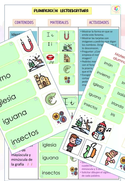 Una colección de materiales educativos de Planeación para Trabajar la Lectoescritura (Vocales), que incluyen tarjetas y hojas de trabajo, con ilustraciones coloridas y texto para enseñar letras, fonética, vocales y vocabulario.