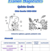 Portada de un examen de diagnóstico de quinto curso con texto en color, carpinchos de dibujos animados y una tabla de asignaturas y puntuaciones. Una nota dice: "Colorea los carpinchos y gana puntos extra".
