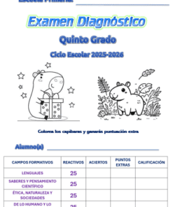 Portada de un examen de diagnóstico de quinto curso con texto en color, carpinchos de dibujos animados y una tabla de asignaturas y puntuaciones. Una nota dice: "Colorea los carpinchos y gana puntos extra".
