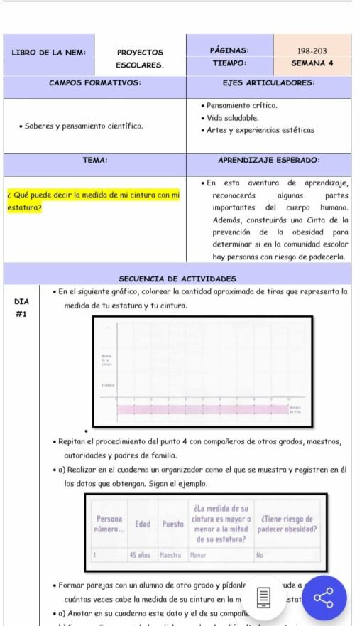 Una captura de pantalla de una hoja de trabajo educativa en español para Planeación De La NEM Primer Grado (Semana 1 a la 4). La hoja de trabajo incluye campos como "Tema", "Secuencia de actividades" e instrucciones específicas para una actividad estudiantil que involucre la medición de la cintura. También enumera el "Aprendizaje Esperado", habilidades esenciales y se alinea con los estándares de NEM Planeación.