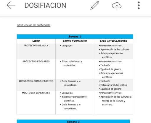 Captura de pantalla de un documento titulado "Planeación De La NEM Primer Grado (Semana 1 a la 4)" con una tabla a continuación. La tabla describe un desglose semanal de los diferentes proyectos de Primer Grado: "PROYECTOS DE AULA", "PROYECTOS ESCOLARES", "PROYECTOS COMUNITARIOS" y "MÚLTIPLES LENGUAJES", junto con sus correspondientes áreas de enfoque y temas, como parte de