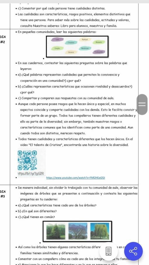 Un documento escrito en español con secciones resaltadas y listas de viñetas. Hay algunos hipervínculos y dos secciones numeradas destacadas denominadas "DIA #2" y "DIA #3". El documento parece centrarse en contenidos educativos para primer grado, con preguntas, actividades para lectores y referencias a la PLANEACIÓN PRIMER GRADO DE LA NEM OCTUBRE (4 SEMANAS).