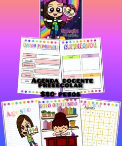 Planificador para maestros colorido con personajes de dibujos animados sobre un fondo degradado. Incluye información personal y secciones de cumpleaños, un calendario para agosto y una hoja organizadora. Precio indicado: $80 pesos.