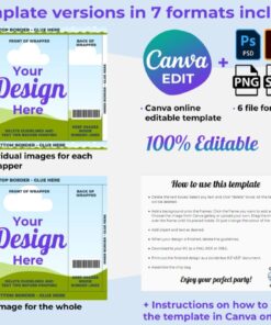 Se muestran dos versiones de plantillas para envoltorios de caramelos en siete formatos, incluyendo Canva. Cada versión incluye áreas de imagen y texto editables, con instrucciones de uso. El diseño es colorido y totalmente personalizable.