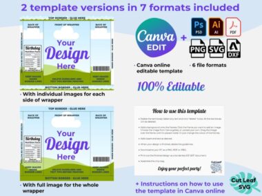 Se muestran dos versiones de plantillas para envoltorios de caramelos en siete formatos, incluyendo Canva. Cada versión incluye áreas de imagen y texto editables, con instrucciones de uso. El diseño es colorido y totalmente personalizable.