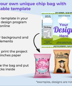 Infografía que muestra una plantilla para una bolsa de papas fritas e instrucciones para crear un diseño personalizado. Los pasos incluyen abrir la plantilla, agregar elementos de diseño, imprimir y ensamblar la bolsa. Se muestran cuatro ejemplos de bolsas de papas fritas.