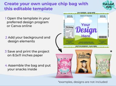Infografía que muestra una plantilla para una bolsa de papas fritas e instrucciones para crear un diseño personalizado. Los pasos incluyen abrir la plantilla, agregar elementos de diseño, imprimir y ensamblar la bolsa. Se muestran cuatro ejemplos de bolsas de papas fritas.