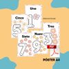 Conjunto de coloridos carteles preescolares en español con los números 1, 3, 5, 7 y 9, cada uno decorado con flores y líneas de trazo punteadas. El texto dice "PREESCOLAR" y "PÓSTER A4 PDF" sobre un fondo azul y naranja.