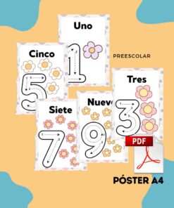 Conjunto de coloridos carteles preescolares en español con los números 1, 3, 5, 7 y 9, cada uno decorado con flores y líneas de trazo punteadas. El texto dice "PREESCOLAR" y "PÓSTER A4 PDF" sobre un fondo azul y naranja.