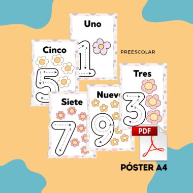 Conjunto de coloridos carteles preescolares en español con los números 1, 3, 5, 7 y 9, cada uno decorado con flores y líneas de trazo punteadas. El texto dice "PREESCOLAR" y "PÓSTER A4 PDF" sobre un fondo azul y naranja.