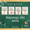 Cuatro normas del aula ilustradas sobre un pizarrón verde: puntualidad, sonreír, colocar cada cosa en su sitio y cuidar los materiales. Decoración de triángulos de colores y texto "Normas del aula".