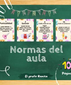 Cuatro normas del aula ilustradas sobre un pizarrón verde: puntualidad, sonreír, colocar cada cosa en su sitio y cuidar los materiales. Decoración de triángulos de colores y texto "Normas del aula".