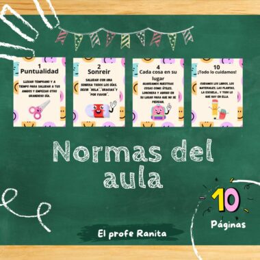 Cuatro normas del aula ilustradas sobre un pizarrón verde: puntualidad, sonreír, colocar cada cosa en su sitio y cuidar los materiales. Decoración de triángulos de colores y texto "Normas del aula".